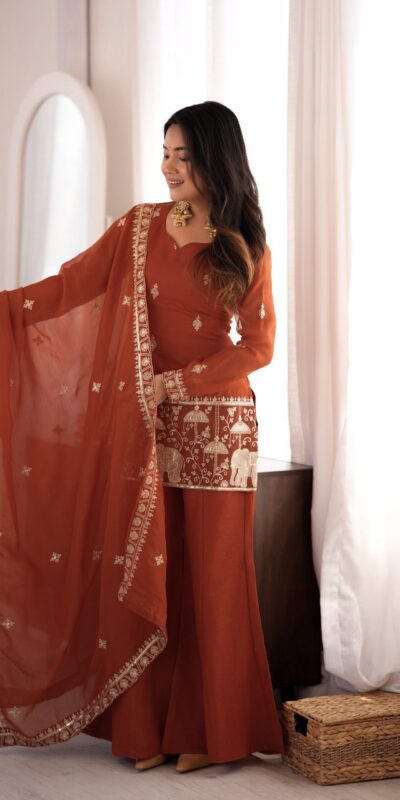 KB 311 Rust Crunchy Silk Salwar Suit with Embroidery Work & Sequins Work. Exclusive Offer ₹2049. Delivery 4-6 Working Days. Shop now. | Jump Suits, Straight Suits, Casual Suits, Creative suits, Designer Suits, Palazzo Suits, Party Wear Suits, Patiala Suits, Salwar suit