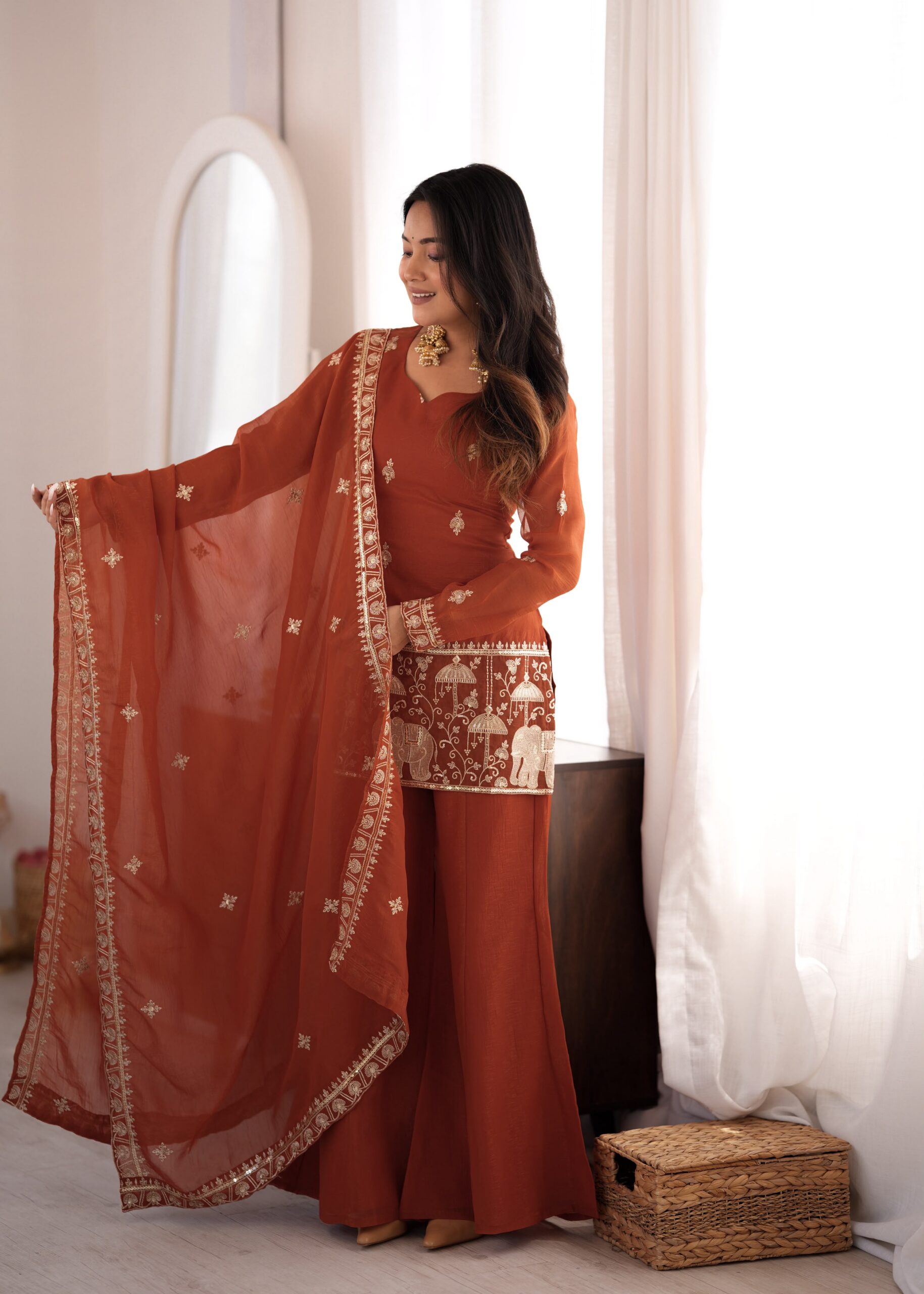 KB 311 Rust Crunchy Silk Salwar Suit with Embroidery Work & Sequins Work. Exclusive Offer ₹2049. Delivery 4-6 Working Days. Shop now. | Jump Suits, Straight Suits, Casual Suits, Creative suits, Designer Suits, Palazzo Suits, Party Wear Suits, Patiala Suits, Salwar suit