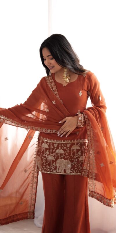 KB 311 Rust Crunchy Silk Salwar Suit with Embroidery Work & Sequins Work. Exclusive Offer ₹2049. Delivery 4-6 Working Days. Shop now. | Jump Suits, Straight Suits, Casual Suits, Creative suits, Designer Suits, Palazzo Suits, Party Wear Suits, Patiala Suits, Salwar suit