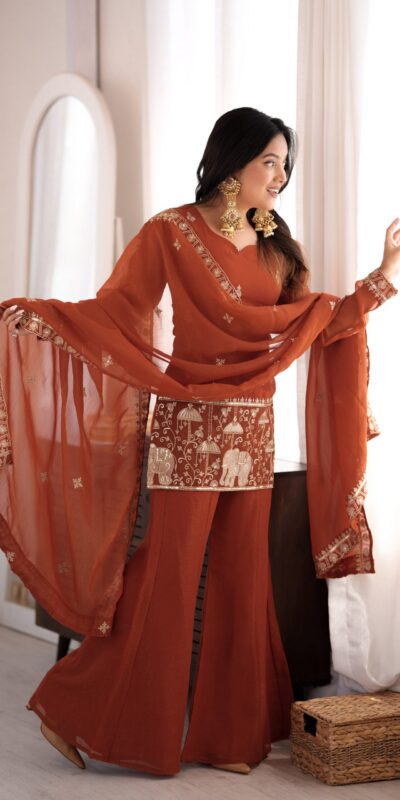 KB 311 Rust Crunchy Silk Salwar Suit with Embroidery Work & Sequins Work. Exclusive Offer ₹2049. Delivery 4-6 Working Days. Shop now. | Jump Suits, Straight Suits, Casual Suits, Creative suits, Designer Suits, Palazzo Suits, Party Wear Suits, Patiala Suits, Salwar suit