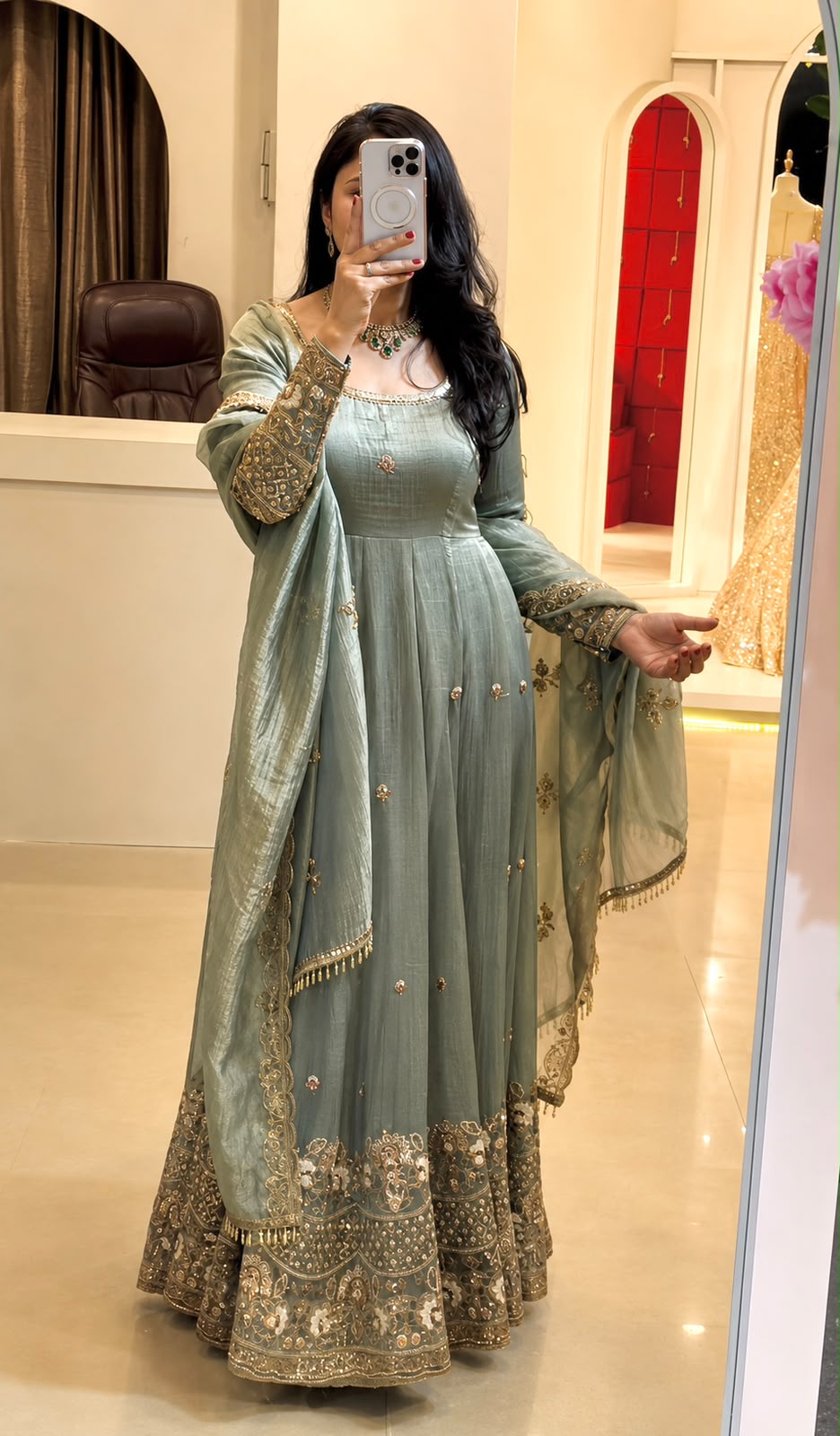SSR 550 Grey in Crunchy Silk Embroidery Work & Lace Work Gown . Special Price ₹2799. Delivery 4-6 Working Days. Shop now. | Bollywood Gowns, Creative Gowns, Designer Gowns, Embroidered Gowns, Gowns, Party Wear Gowns
