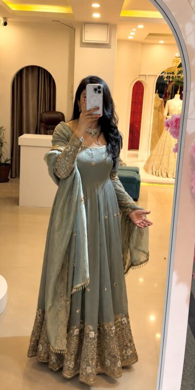SSR 550 Grey in Crunchy Silk Embroidery Work & Lace Work Gown . Special Price ₹2799. Delivery 4-6 Working Days. Shop now. | Bollywood Gowns, Creative Gowns, Designer Gowns, Embroidered Gowns, Gowns, Party Wear Gowns