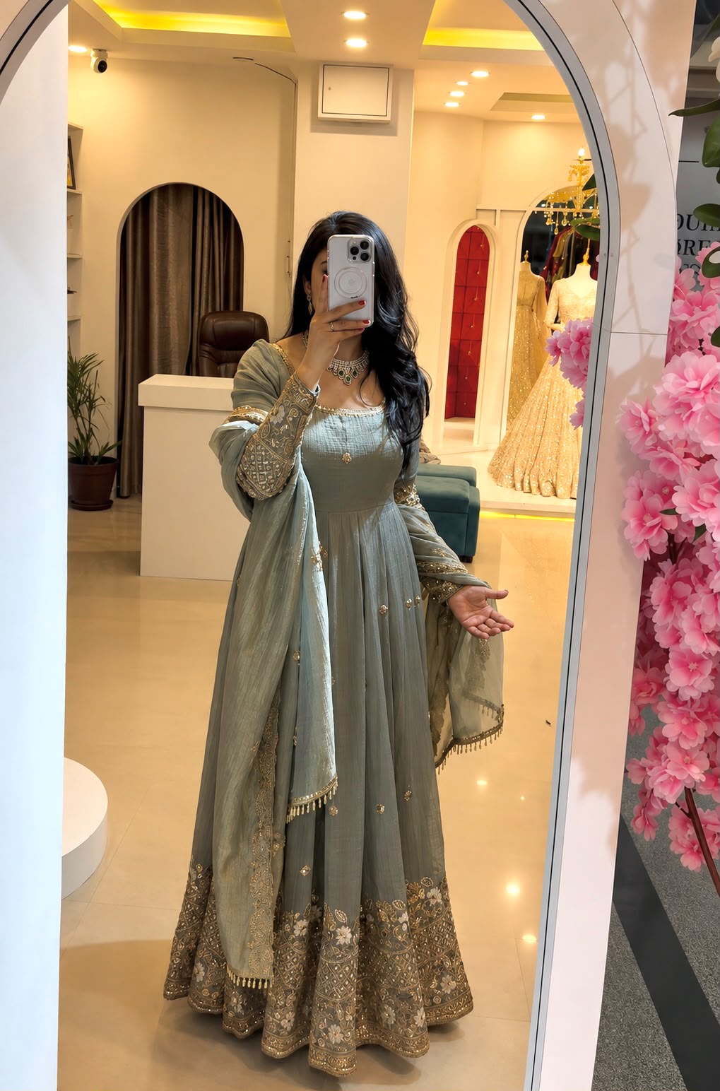 SSR 550 Grey in Crunchy Silk Embroidery Work & Lace Work Gown . Special Price ₹2799. Delivery 4-6 Working Days. Shop now. | Bollywood Gowns, Creative Gowns, Designer Gowns, Embroidered Gowns, Gowns, Party Wear Gowns