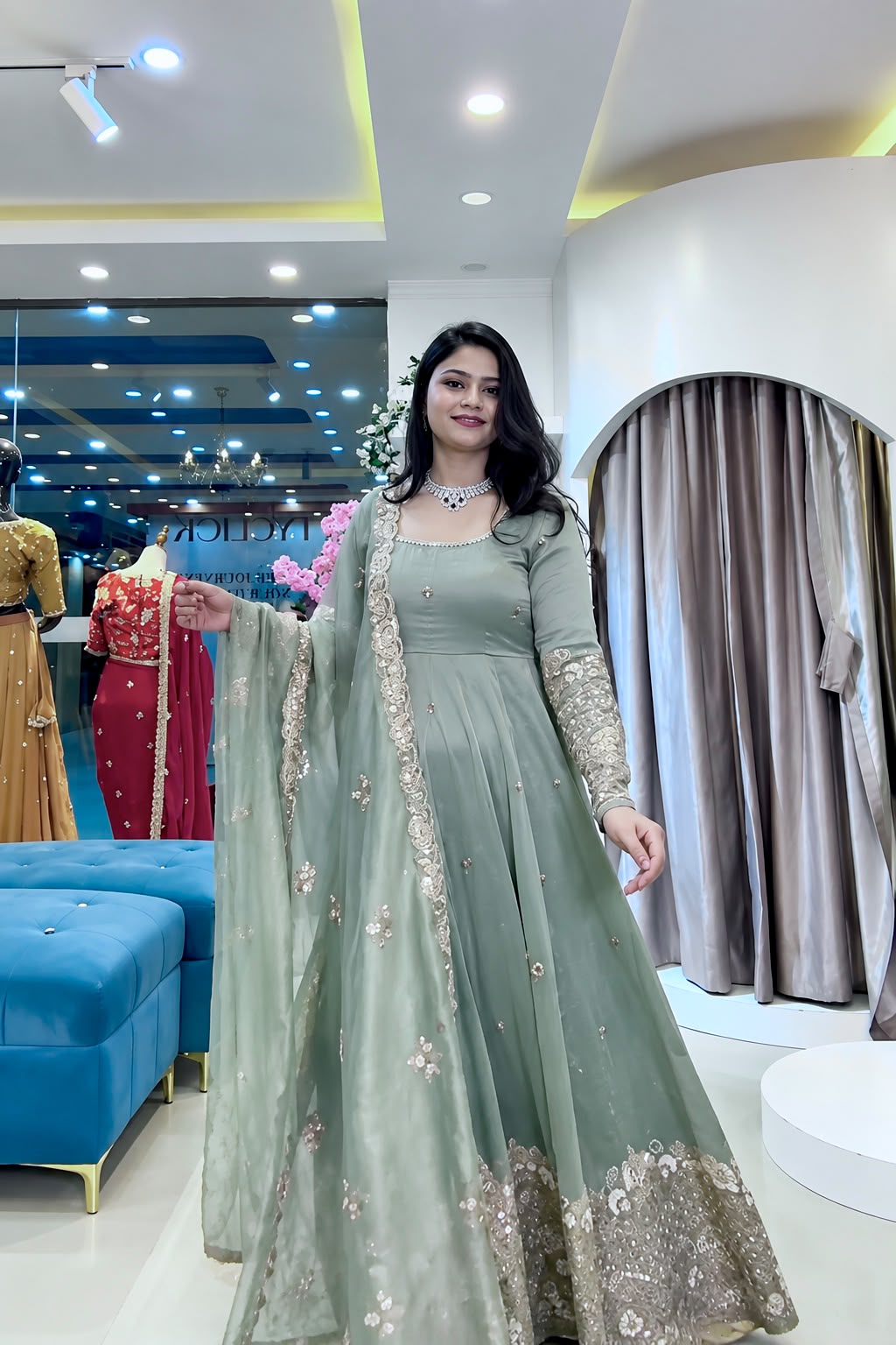 SSR 550 Grey in Crunchy Silk Embroidery Work & Lace Work Gown . Special Price ₹2799. Delivery 4-6 Working Days. Shop now. | Bollywood Gowns, Creative Gowns, Designer Gowns, Embroidered Gowns, Gowns, Party Wear Gowns