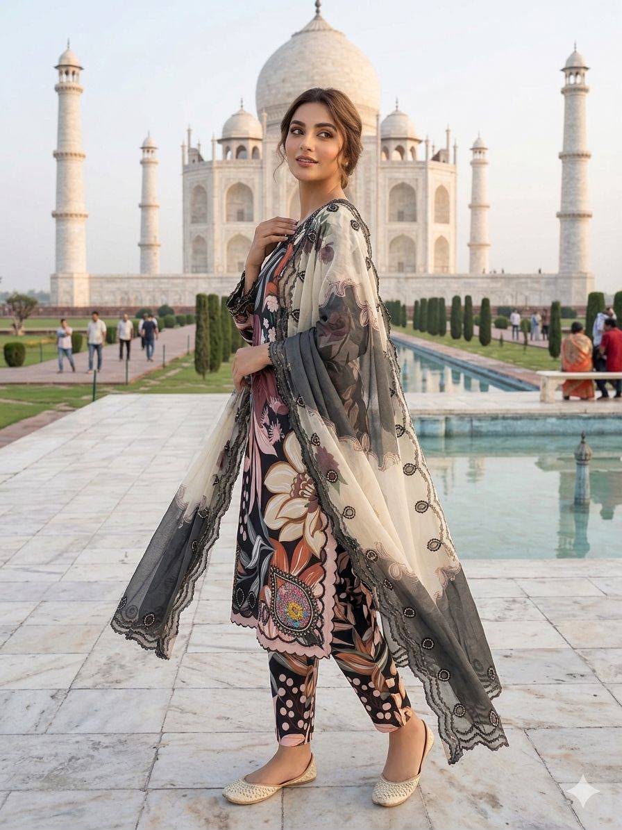 LG 2094 Black Perfect for Wedding, Party, Ganesh Chaturthi, Cultural Events, Durga Puja – Printed Muslin Salwar Suit. Now at just ₹2299. Delivery 4-6 Worki | Jump Suits, Straight Suits, Casual Suits, Creative suits, Designer Suits, Palazzo Suits, Party Wear Suits, Patiala Suits, Salwar suit