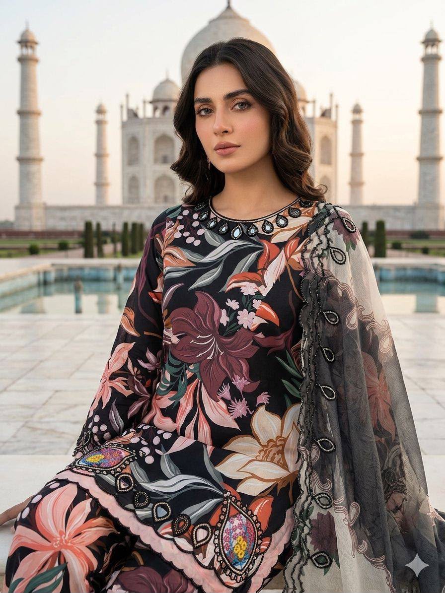 LG 2094 Black Perfect for Wedding, Party, Ganesh Chaturthi, Cultural Events, Durga Puja – Printed Muslin Salwar Suit. Now at just ₹2299. Delivery 4-6 Worki | Jump Suits, Straight Suits, Casual Suits, Creative suits, Designer Suits, Palazzo Suits, Party Wear Suits, Patiala Suits, Salwar suit
