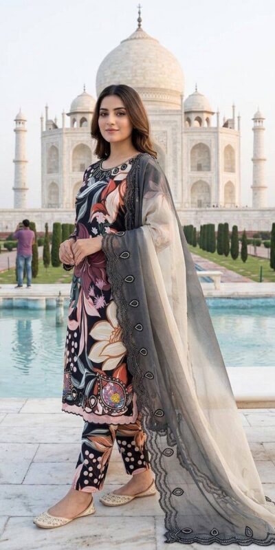 LG 2094 Black Perfect for Wedding, Party, Ganesh Chaturthi, Cultural Events, Durga Puja – Printed Muslin Salwar Suit. Now at just ₹2299. Delivery 4-6 Worki | Jump Suits, Straight Suits, Casual Suits, Creative suits, Designer Suits, Palazzo Suits, Party Wear Suits, Patiala Suits, Salwar suit
