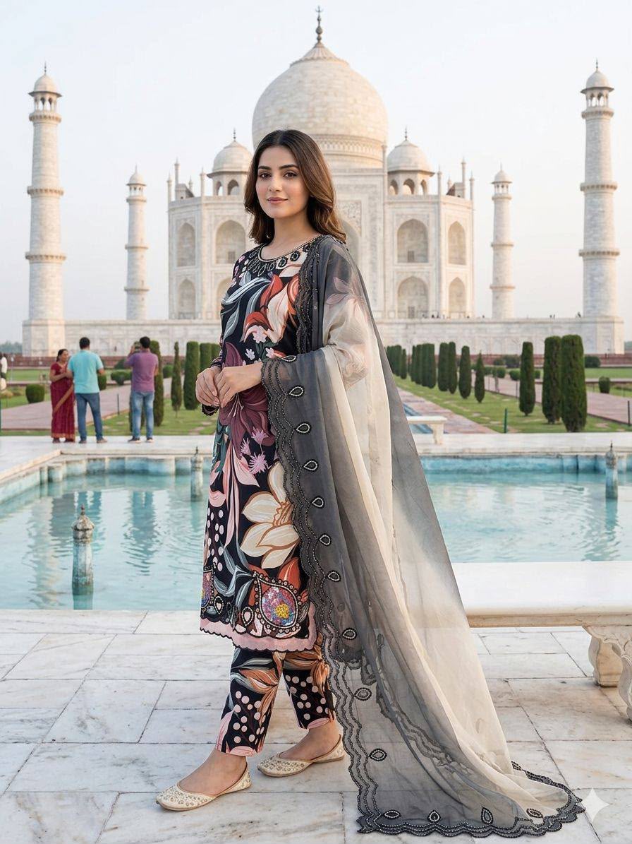 LG 2094 Black Perfect for Wedding, Party, Ganesh Chaturthi, Cultural Events, Durga Puja – Printed Muslin Salwar Suit. Now at just ₹2299. Delivery 4-6 Worki | Jump Suits, Straight Suits, Casual Suits, Creative suits, Designer Suits, Palazzo Suits, Party Wear Suits, Patiala Suits, Salwar suit