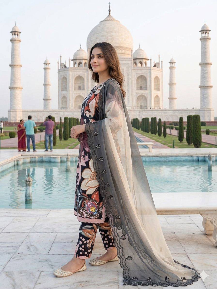LG 2094 Black Perfect for Wedding, Party, Ganesh Chaturthi, Cultural Events, Durga Puja – Printed Muslin Salwar Suit. Now at just ₹2299. Delivery 4-6 Worki | Jump Suits, Straight Suits, Casual Suits, Creative suits, Designer Suits, Palazzo Suits, Party Wear Suits, Patiala Suits, Salwar suit