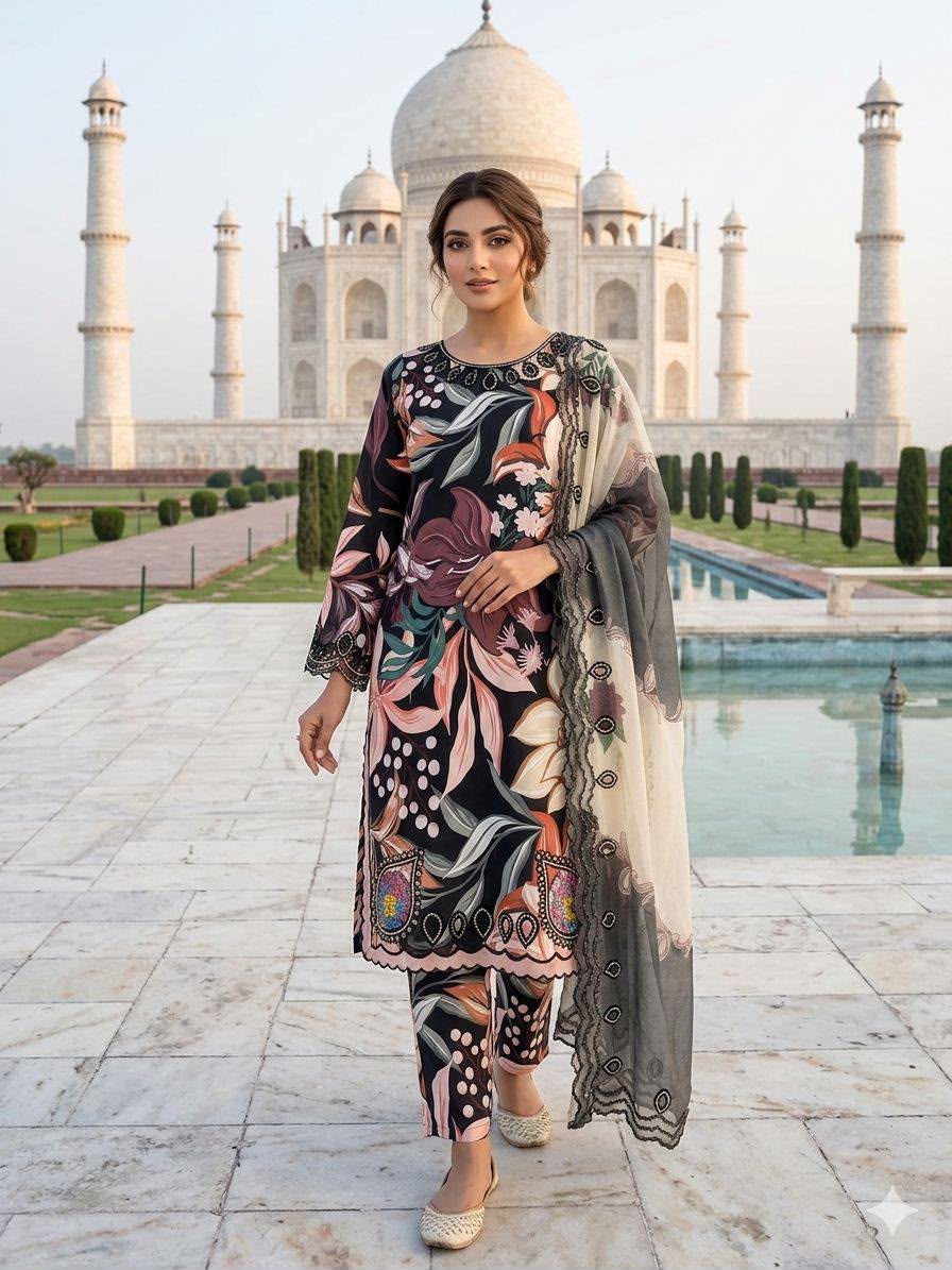 LG 2094 Black Perfect for Wedding, Party, Ganesh Chaturthi, Cultural Events, Durga Puja – Printed Muslin Salwar Suit. Now at just ₹2299. Delivery 4-6 Worki | Jump Suits, Straight Suits, Casual Suits, Creative suits, Designer Suits, Palazzo Suits, Party Wear Suits, Patiala Suits, Salwar suit