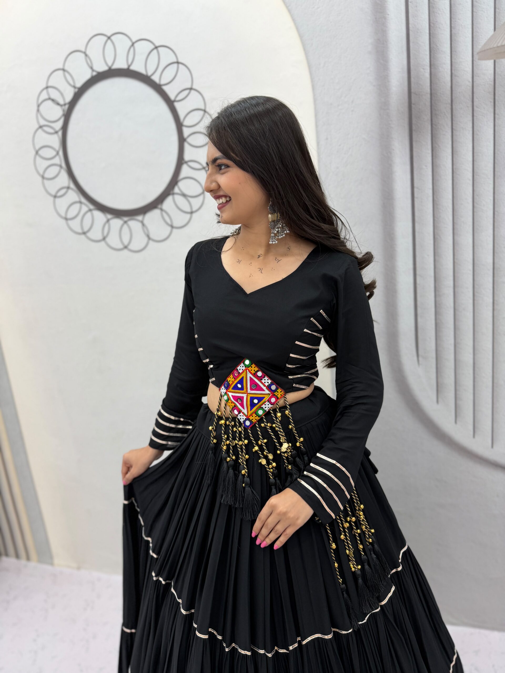 PC 597 Black in Pure Cotton Mirror Work & Gamthi Work Lehenga Choli . Exclusive Offer ₹2899. Delivery 4-6 Working Days. Shop now. | Bollywood Lehenga, Creative Lehenga, Designer Lehenga, Embroidered Lehenga, Lehenga, Party Wear Lehenga