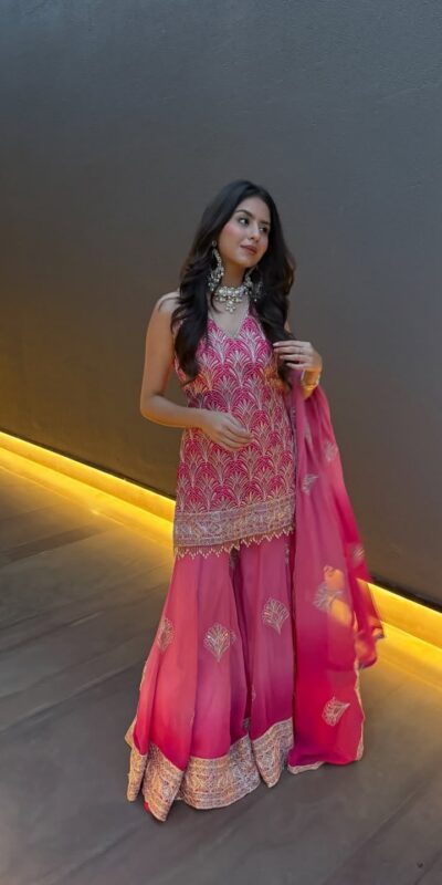 ST 1190 Pink Printed Faux Georgette Salwar Suit with Embroidery Work & Lace Work. Affordable Price ₹2349. Delivery 4-6 Working Days. Shop now. | Jump Suits, Straight Suits, Casual Suits, Creative suits, Designer Suits, Palazzo Suits, Party Wear Suits, Patiala Suits, Salwar suit