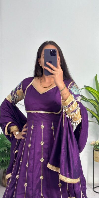 ST 1039 in Purple Blooming Vichitra Zari Work & Embroidery Work Gown . Festive Deal ₹2399. Delivery 4-6 Working Days. Shop now. | Bollywood Gowns, Creative Gowns, Designer Gowns, Embroidered Gowns, Gowns, Party Wear Gowns