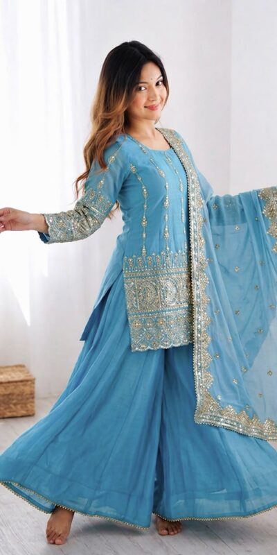 ZF 430 Sky Blue Vichitra Silk Salwar Suit with Embroidery Work. Wedding, Party, Festive, Events, Grab it for ₹2399. Delivery 4-6 Working Days. Shop now. | Jump Suits, Straight Suits, Casual Suits, Creative suits, Designer Suits, Palazzo Suits, Party Wear Suits, Patiala Suits, Salwar suit
