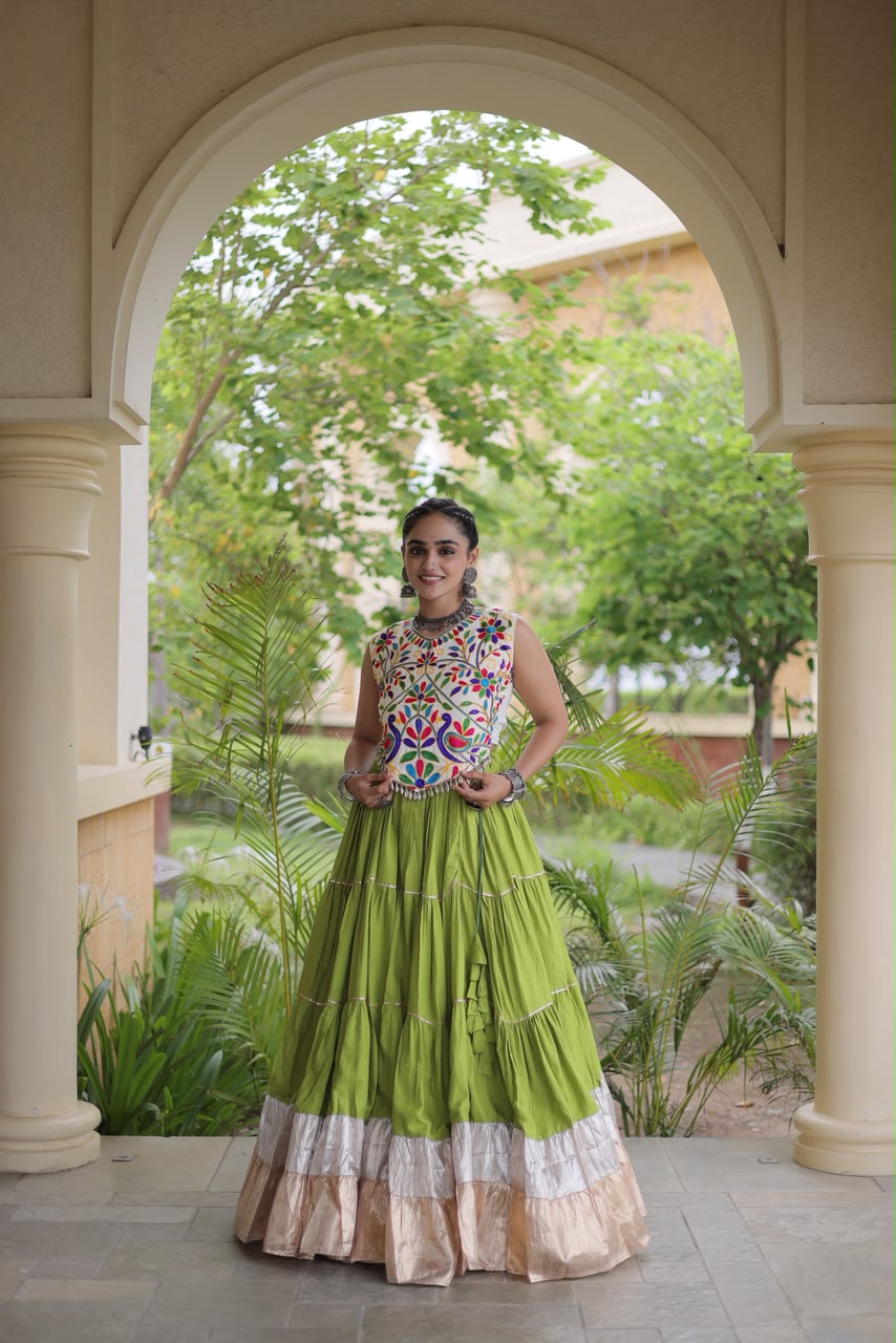 KA 5071 Pista Rayon Embroidery Work & Cowrie Work Lehenga Choli . Grab it for ₹2849. Delivery 4-6 Working Days. Shop now. | Bollywood Lehenga, Creative Lehenga, Designer Lehenga, Embroidered Lehenga, Lehenga, Party Wear Lehenga