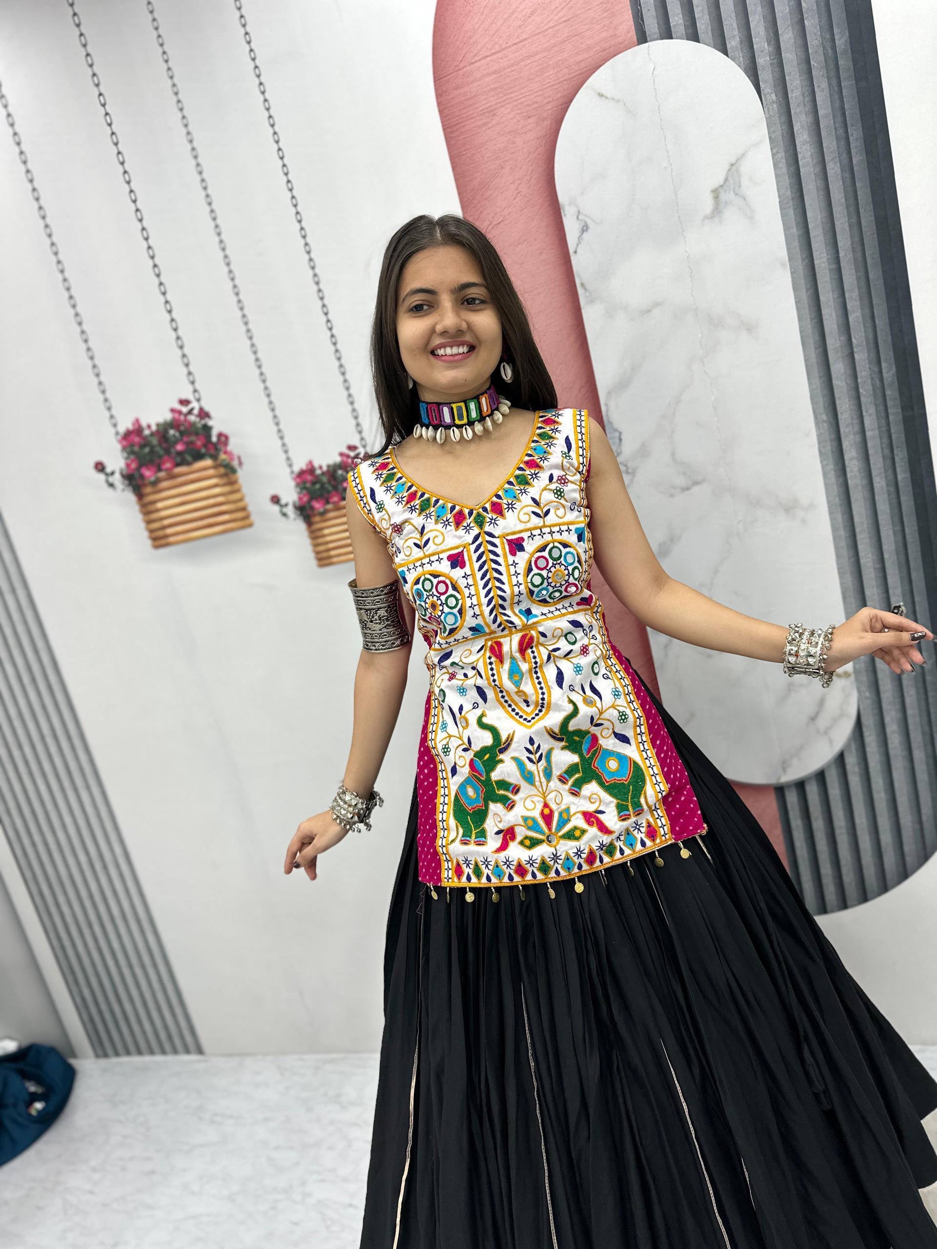 PC N43 Black in Pure Cotton Mirror Work & Gamthi Work Lehenga Choli . Exclusive Offer ₹2949. Delivery 4-6 Working Days. Shop now. | Bollywood Lehenga, Creative Lehenga, Designer Lehenga, Embroidered Lehenga, Lehenga, Party Wear Lehenga