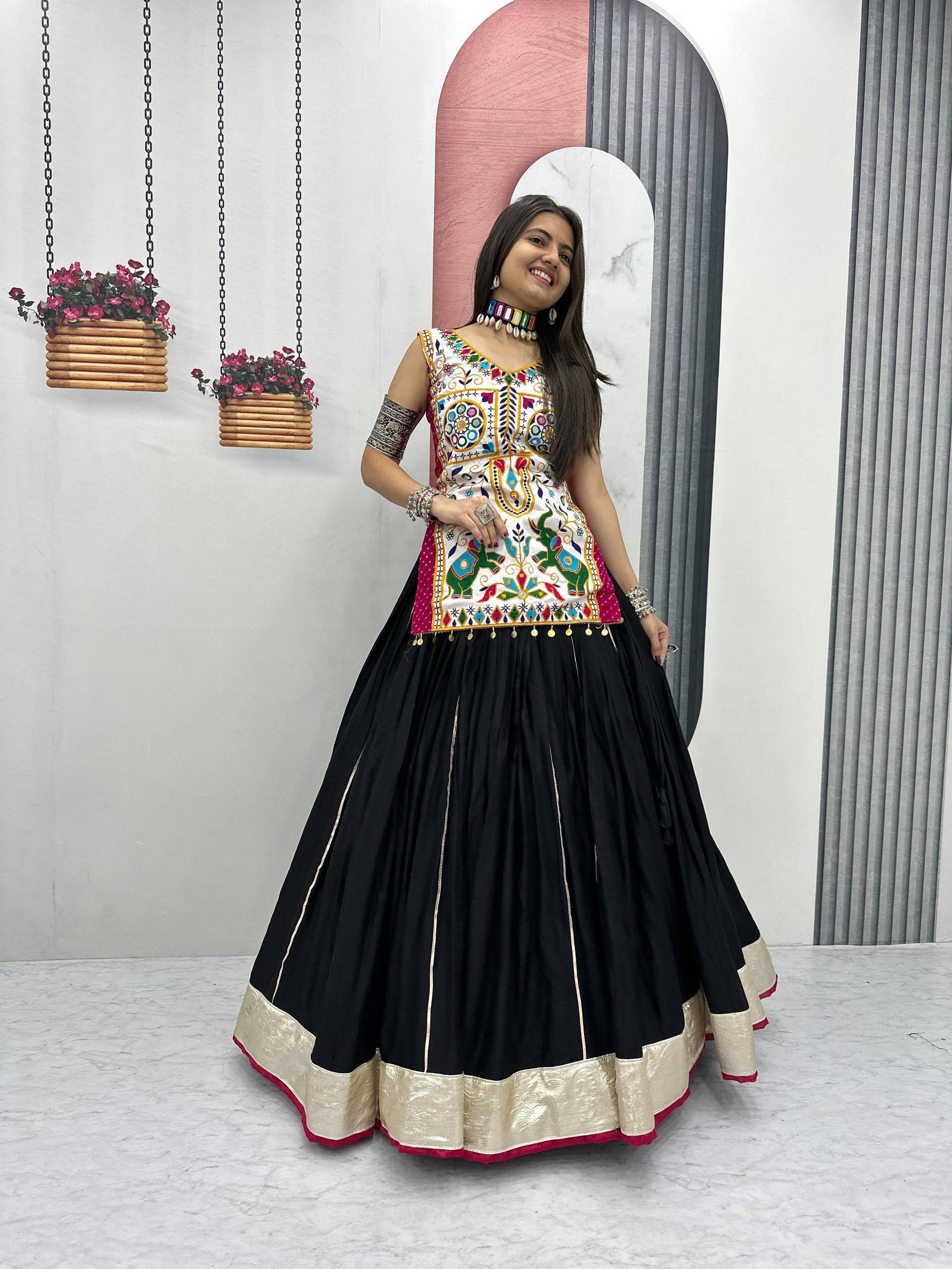 PC N43 Black in Pure Cotton Mirror Work & Gamthi Work Lehenga Choli . Exclusive Offer ₹2949. Delivery 4-6 Working Days. Shop now. | Bollywood Lehenga, Creative Lehenga, Designer Lehenga, Embroidered Lehenga, Lehenga, Party Wear Lehenga