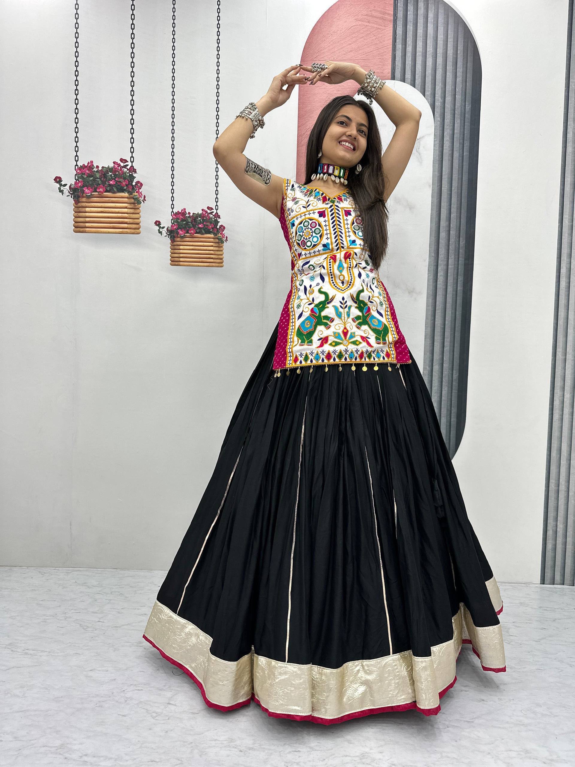 PC N43 Black in Pure Cotton Mirror Work & Gamthi Work Lehenga Choli . Exclusive Offer ₹2949. Delivery 4-6 Working Days. Shop now. | Bollywood Lehenga, Creative Lehenga, Designer Lehenga, Embroidered Lehenga, Lehenga, Party Wear Lehenga