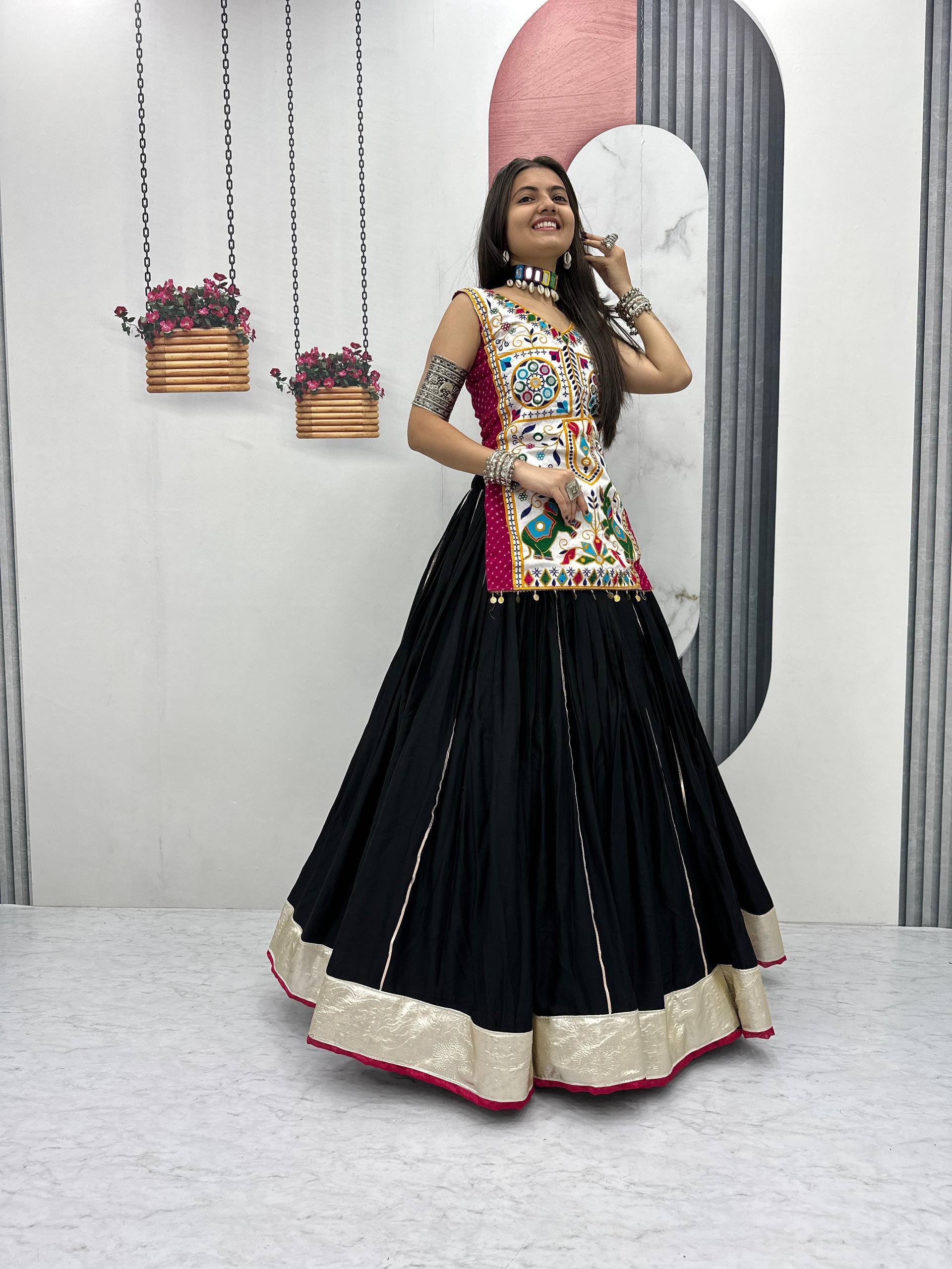 PC N43 Black in Pure Cotton Mirror Work & Gamthi Work Lehenga Choli . Exclusive Offer ₹2949. Delivery 4-6 Working Days. Shop now. | Bollywood Lehenga, Creative Lehenga, Designer Lehenga, Embroidered Lehenga, Lehenga, Party Wear Lehenga