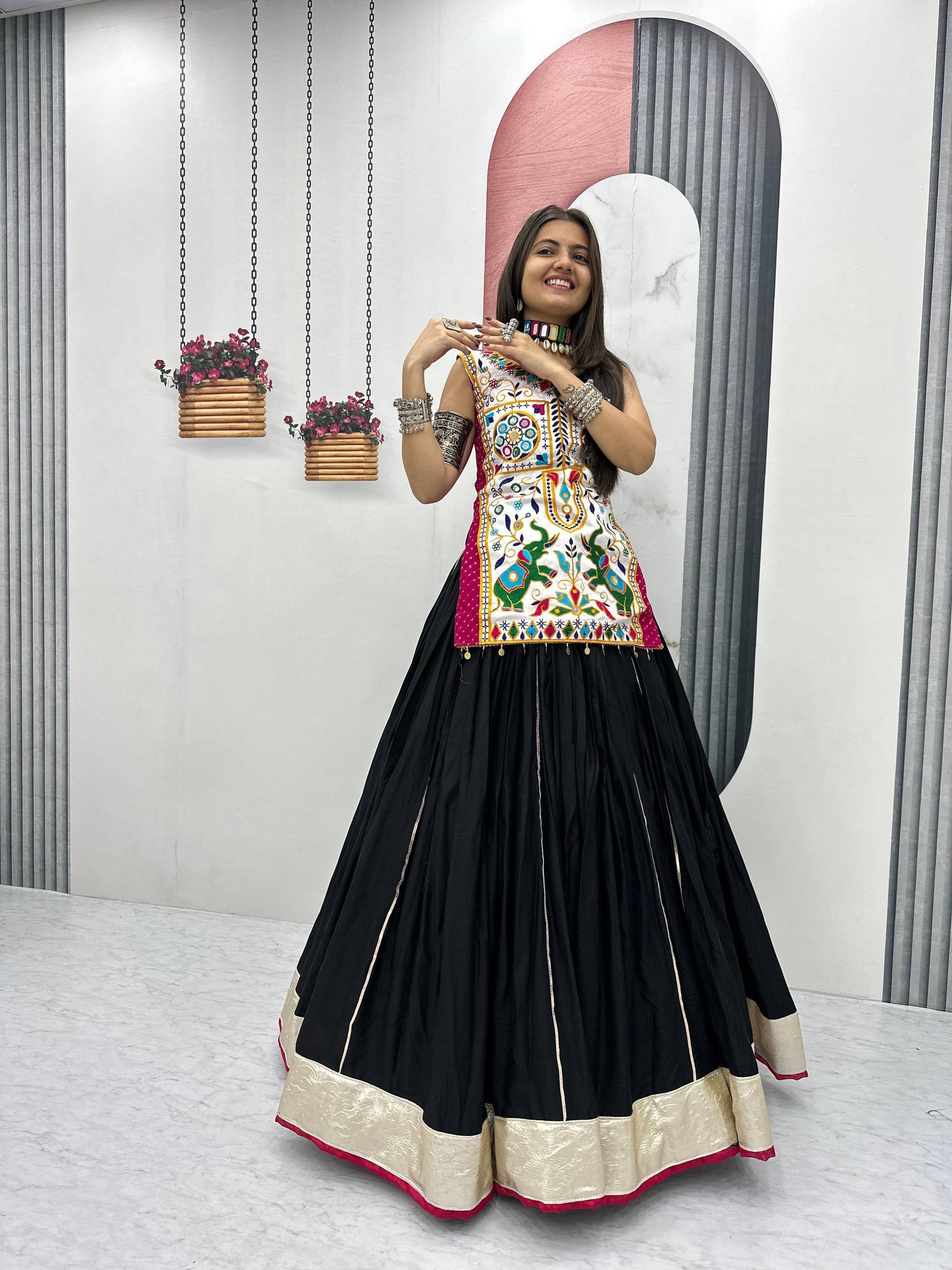 PC N43 Black in Pure Cotton Mirror Work & Gamthi Work Lehenga Choli . Exclusive Offer ₹2949. Delivery 4-6 Working Days. Shop now. | Bollywood Lehenga, Creative Lehenga, Designer Lehenga, Embroidered Lehenga, Lehenga, Party Wear Lehenga