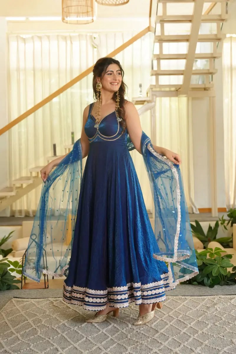 KD 1644 Blue Fendy Silk Gown with Embroidery Work & Sequins Work. Special Price ₹2849. Delivery 4-6 Working Days. Shop now. | Bollywood Gowns, Creative Gowns, Designer Gowns, Embroidered Gowns, Gowns, Party Wear Gowns