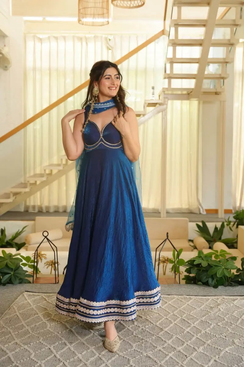 KD 1644 Blue Fendy Silk Gown with Embroidery Work & Sequins Work. Special Price ₹2849. Delivery 4-6 Working Days. Shop now. | Bollywood Gowns, Creative Gowns, Designer Gowns, Embroidered Gowns, Gowns, Party Wear Gowns