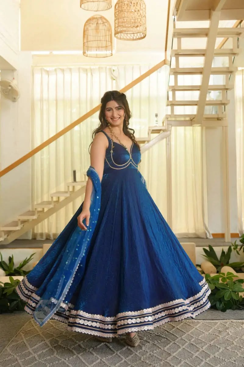KD 1644 Blue Fendy Silk Gown with Embroidery Work & Sequins Work. Special Price ₹2849. Delivery 4-6 Working Days. Shop now. | Bollywood Gowns, Creative Gowns, Designer Gowns, Embroidered Gowns, Gowns, Party Wear Gowns