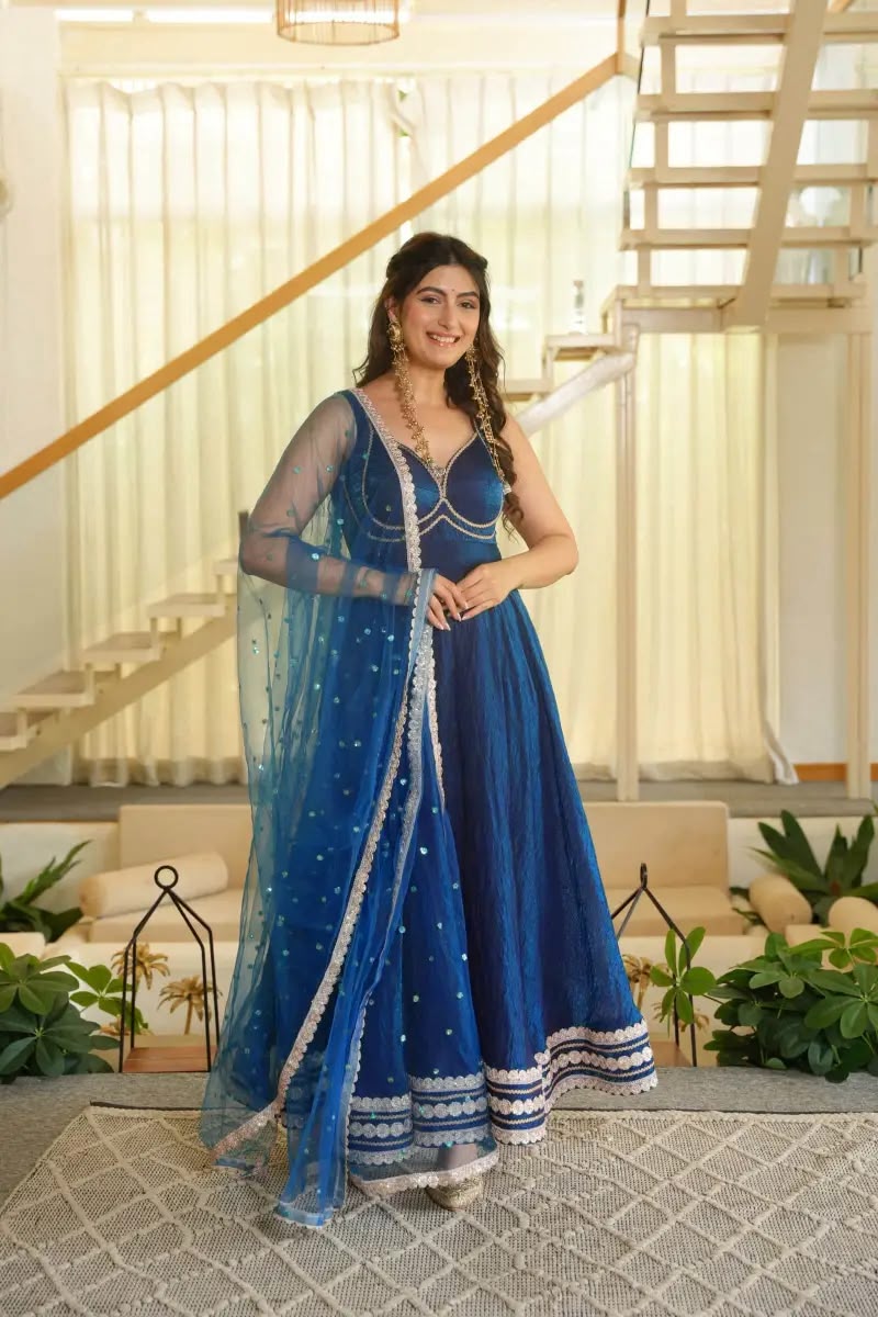KD 1644 Blue Fendy Silk Gown with Embroidery Work & Sequins Work. Special Price ₹2849. Delivery 4-6 Working Days. Shop now. | Bollywood Gowns, Creative Gowns, Designer Gowns, Embroidered Gowns, Gowns, Party Wear Gowns