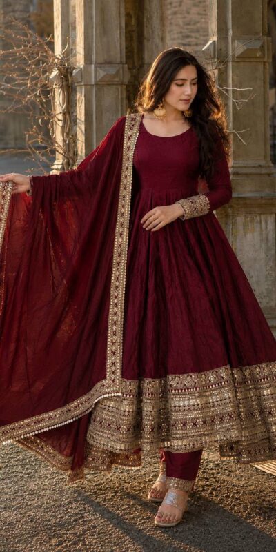 ZB 5068 Maroon Fendy Silk Gown with Embroidery Work & Sequins Work. Special Price ₹23699. Delivery 4-6 Working Days. Shop now. | Bollywood Gowns, Creative Gowns, Designer Gowns, Embroidered Gowns, Gowns, Party Wear Gowns