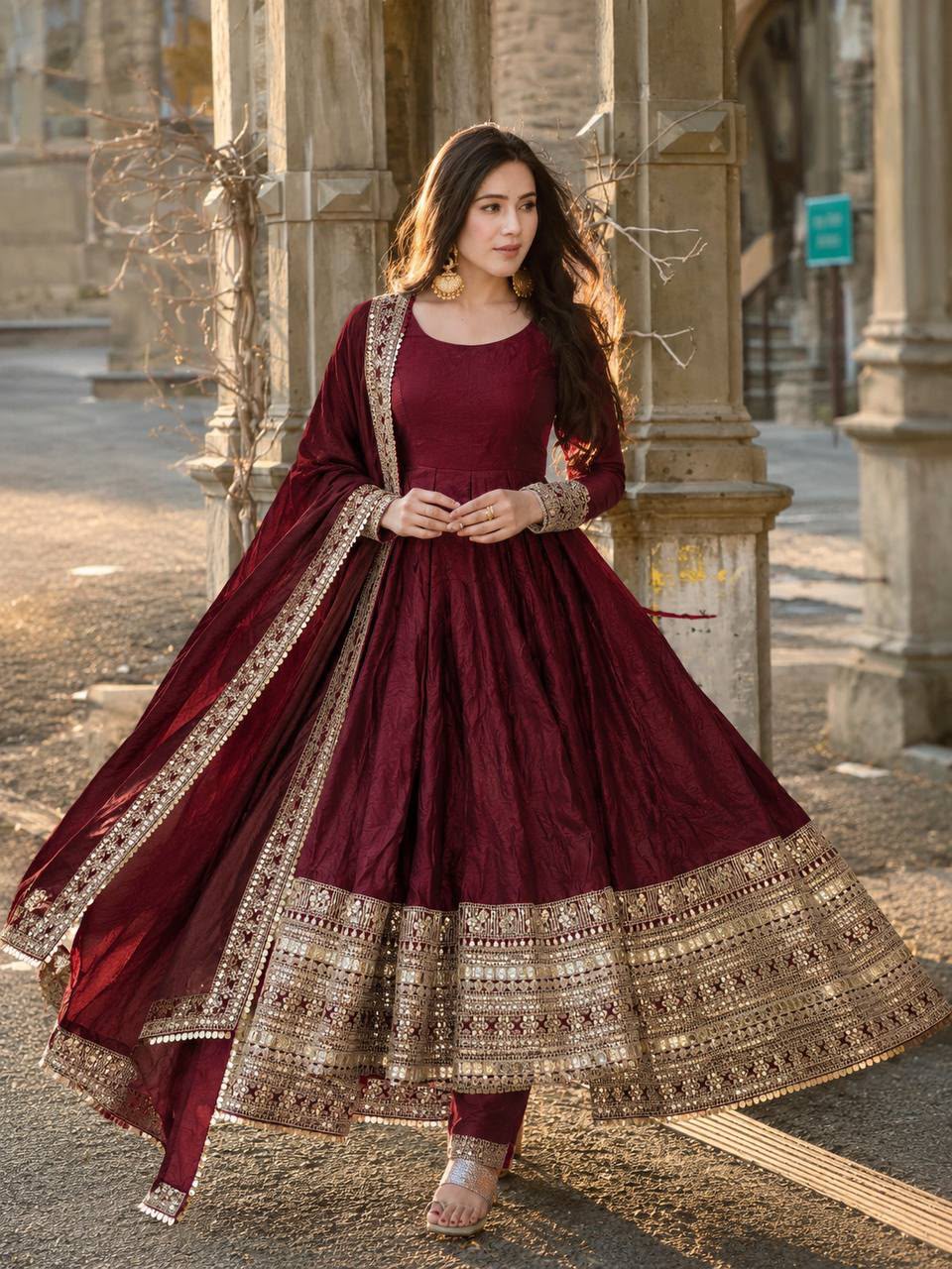 ZB 5068 Maroon Fendy Silk Gown with Embroidery Work & Sequins Work. Special Price ₹23699. Delivery 4-6 Working Days. Shop now. | Bollywood Gowns, Creative Gowns, Designer Gowns, Embroidered Gowns, Gowns, Party Wear Gowns