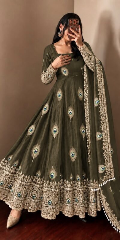 SRK 5372 Mehendi Fendy Silk Gown with Embroidery Work & Sequins Work. Special Price ₹2799. Delivery 4-6 Working Days. Shop now. | Bollywood Gowns, Creative Gowns, Designer Gowns, Embroidered Gowns, Gowns, Party Wear Gowns