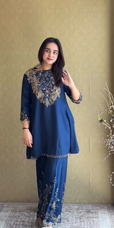 ST 1206 Navy Blue Malay Crepe Kurti with Embroidery Work & Bead Work. Available at ₹2199 only. Delivery 4-6 Working Days. Shop now. | Bollywood Kurti, Creative Kurtis, Designer Kurti, Kurti, Party Wear Kurti, Selfie Kurti