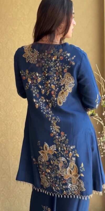 ST 1206 Navy Blue Malay Crepe Kurti with Embroidery Work & Bead Work. Available at ₹2199 only. Delivery 4-6 Working Days. Shop now. | Bollywood Kurti, Creative Kurtis, Designer Kurti, Kurti, Party Wear Kurti, Selfie Kurti