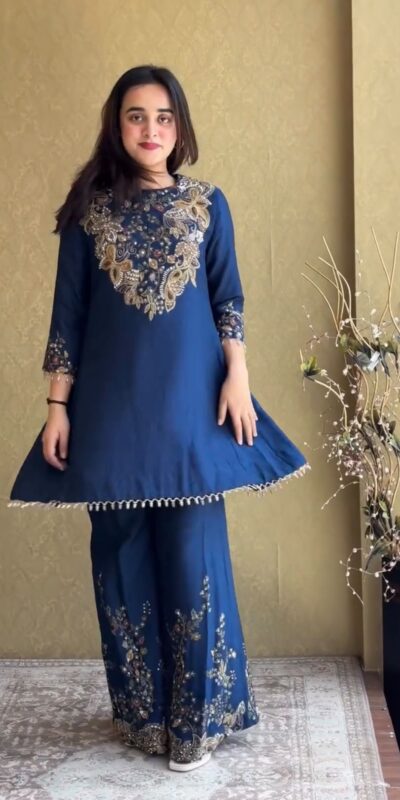 ST 1206 Navy Blue Malay Crepe Kurti with Embroidery Work & Bead Work. Available at ₹2199 only. Delivery 4-6 Working Days. Shop now. | Bollywood Kurti, Creative Kurtis, Designer Kurti, Kurti, Party Wear Kurti, Selfie Kurti