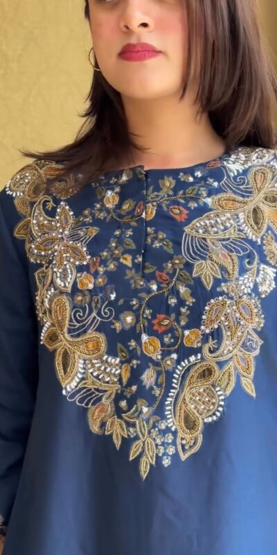 ST 1206 Navy Blue Malay Crepe Kurti with Embroidery Work & Bead Work. Available at ₹2199 only. Delivery 4-6 Working Days. Shop now. | Bollywood Kurti, Creative Kurtis, Designer Kurti, Kurti, Party Wear Kurti, Selfie Kurti