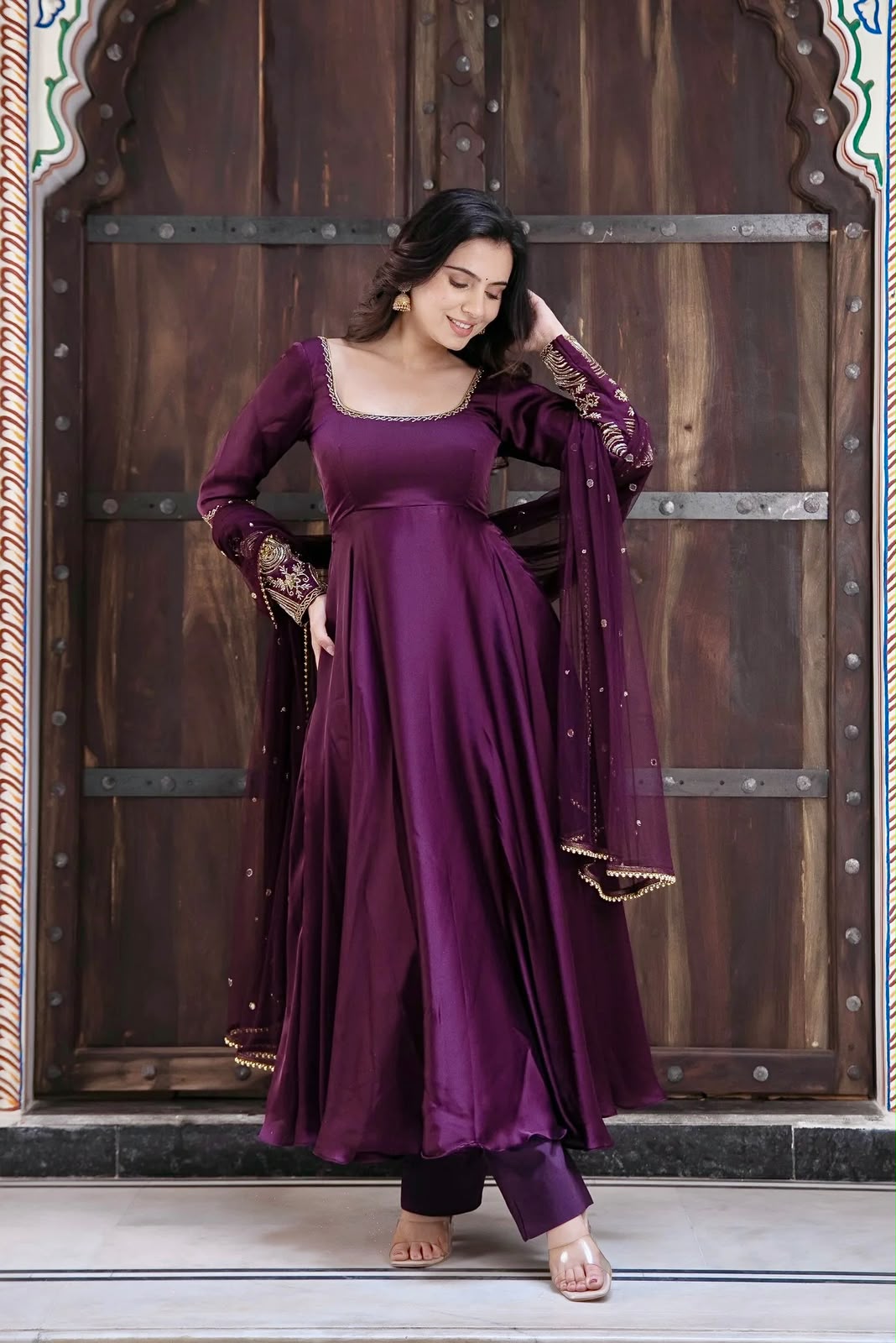 SRK 5373 Purple Upada Silk Gown Perfect for Wedding, Party, Onam, Housewarming, Durga Puja –. Grab it for ₹2199. Delivery 4-6 Working Days. Shop now. | Bollywood Gowns, Creative Gowns, Designer Gowns, Embroidered Gowns, Gowns, Party Wear Gowns
