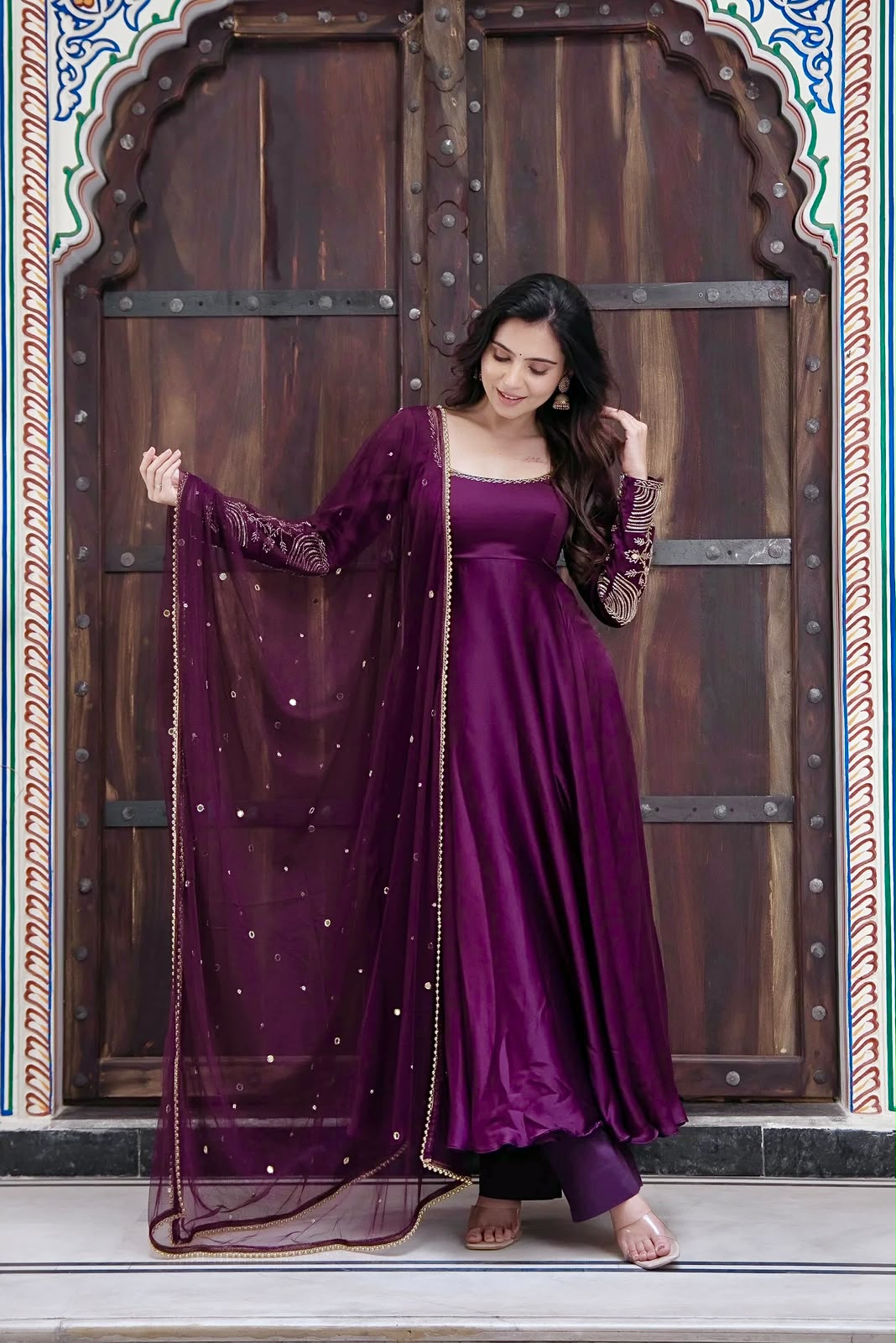 SRK 5373 Purple Upada Silk Gown Perfect for Wedding, Party, Onam, Housewarming, Durga Puja –. Grab it for ₹2199. Delivery 4-6 Working Days. Shop now. | Bollywood Gowns, Creative Gowns, Designer Gowns, Embroidered Gowns, Gowns, Party Wear Gowns