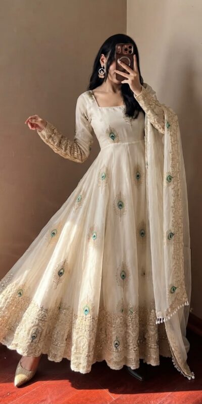 SRK 5372 White Fendy Silk Gown with Embroidery Work & Sequins Work. Special Price ₹2799. Delivery 4-6 Working Days. Shop now. | Bollywood Gowns, Creative Gowns, Designer Gowns, Embroidered Gowns, Gowns, Party Wear Gowns