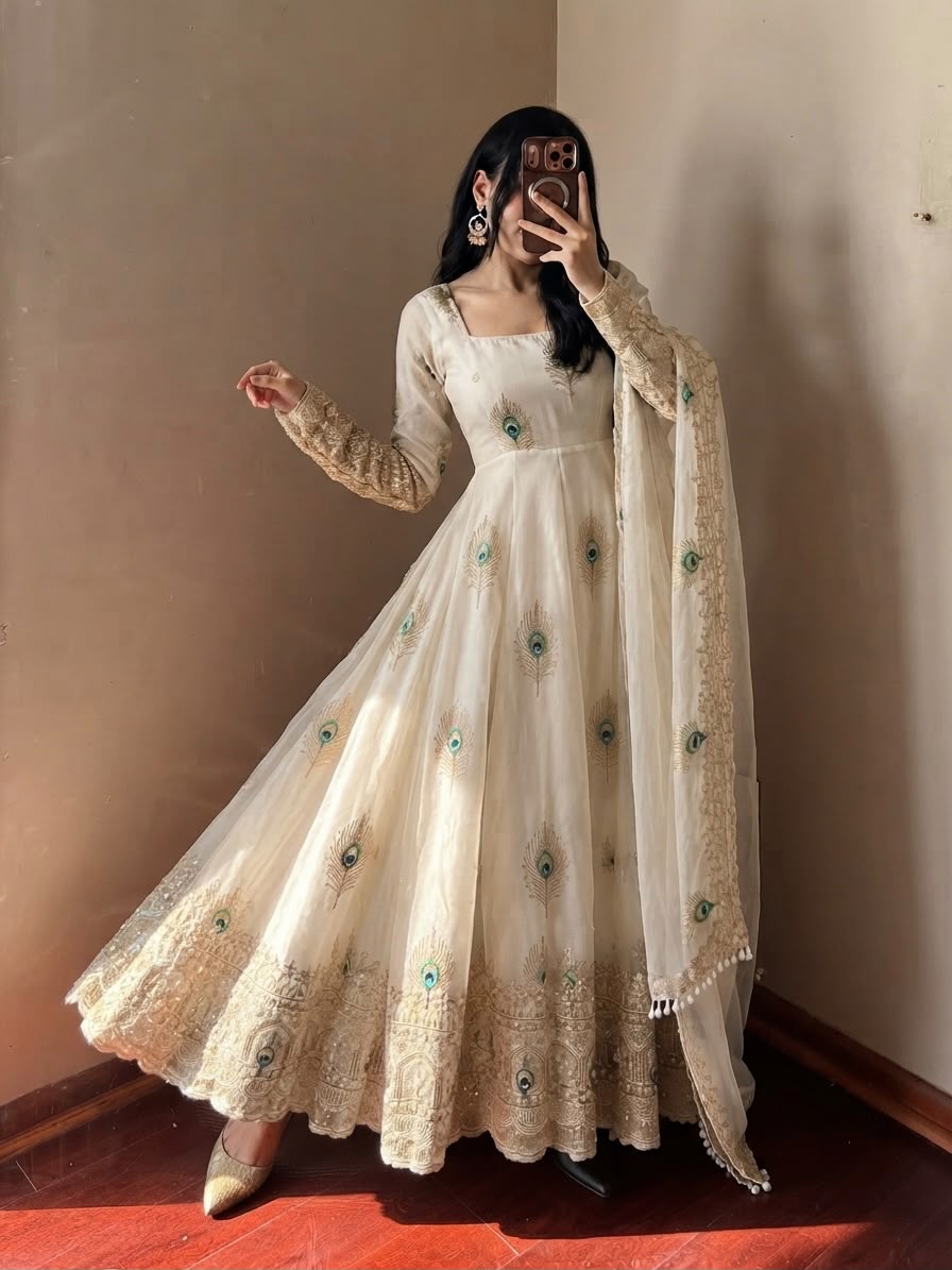 SRK 5372 White Fendy Silk Gown with Embroidery Work & Sequins Work. Special Price ₹2799. Delivery 4-6 Working Days. Shop now. | Bollywood Gowns, Creative Gowns, Designer Gowns, Embroidered Gowns, Gowns, Party Wear Gowns