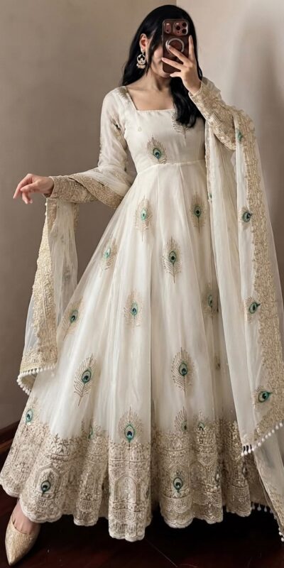 SRK 5372 White Fendy Silk Gown with Embroidery Work & Sequins Work. Special Price ₹2799. Delivery 4-6 Working Days. Shop now. | Bollywood Gowns, Creative Gowns, Designer Gowns, Embroidered Gowns, Gowns, Party Wear Gowns