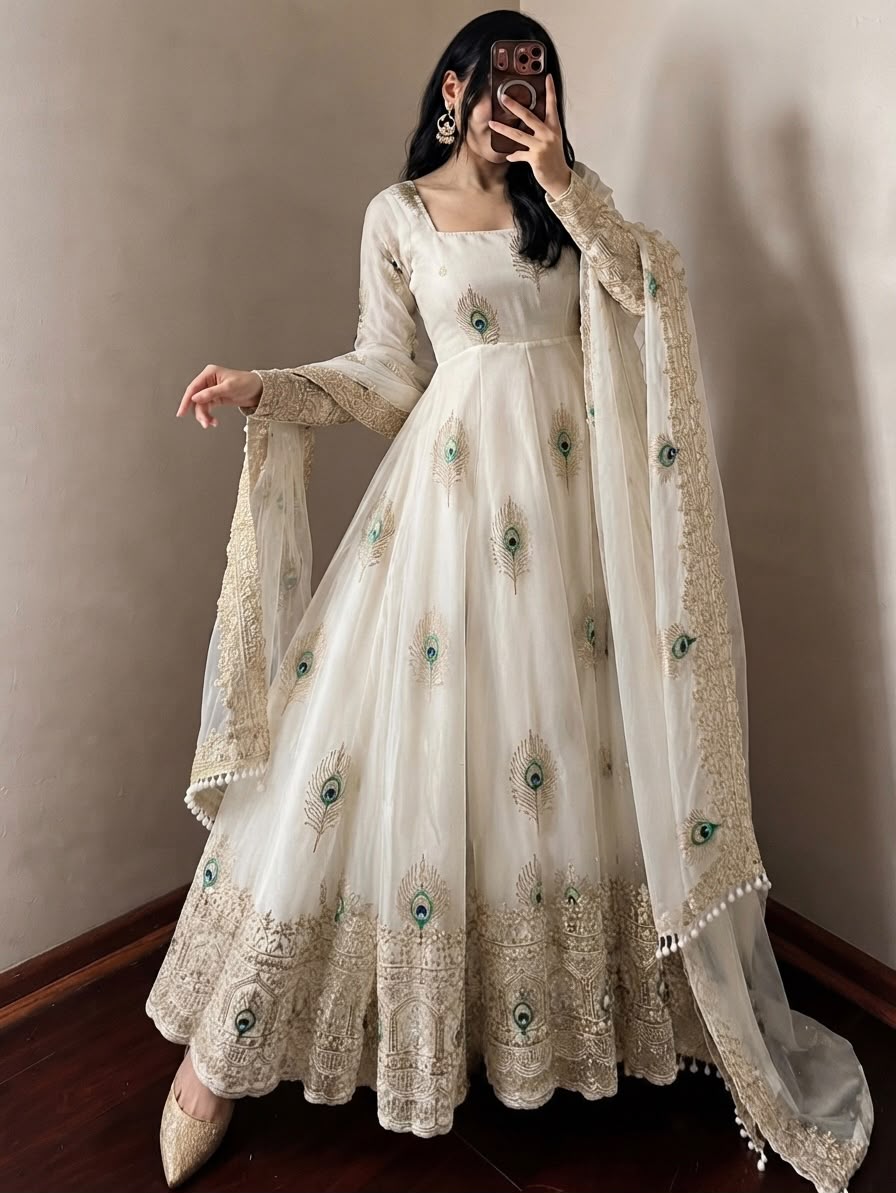 SRK 5372 White Fendy Silk Gown with Embroidery Work & Sequins Work. Special Price ₹2799. Delivery 4-6 Working Days. Shop now. | Bollywood Gowns, Creative Gowns, Designer Gowns, Embroidered Gowns, Gowns, Party Wear Gowns