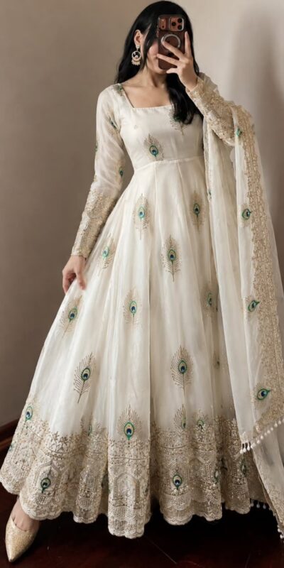 SRK 5372 White Fendy Silk Gown with Embroidery Work & Sequins Work. Special Price ₹2799. Delivery 4-6 Working Days. Shop now. | Bollywood Gowns, Creative Gowns, Designer Gowns, Embroidered Gowns, Gowns, Party Wear Gowns