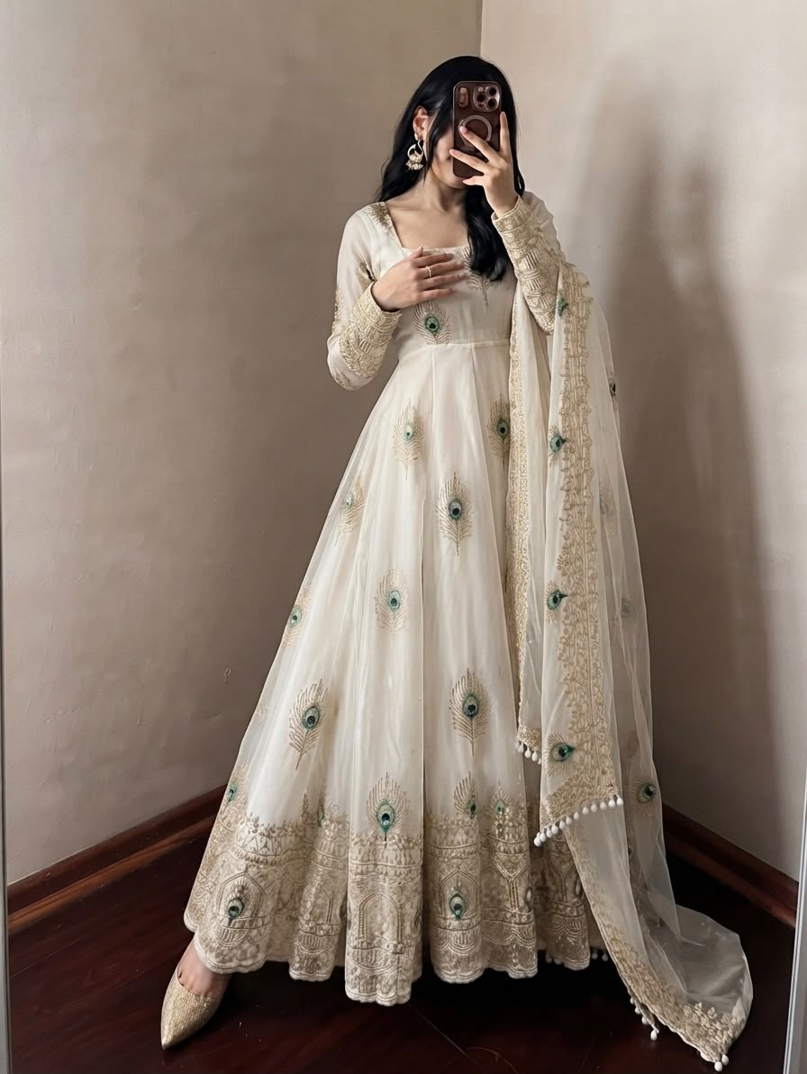 SRK 5372 White Fendy Silk Gown with Embroidery Work & Sequins Work. Special Price ₹2799. Delivery 4-6 Working Days. Shop now. | Bollywood Gowns, Creative Gowns, Designer Gowns, Embroidered Gowns, Gowns, Party Wear Gowns