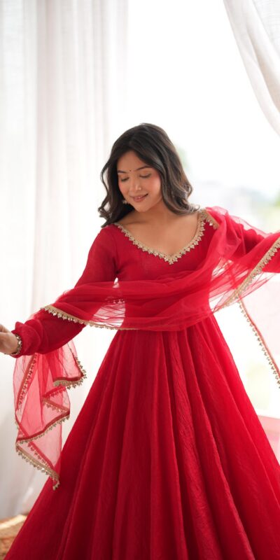 SRK 5355 Red Doremon Crush Gown with Lace Work & Mirror Work. Exclusive Offer ₹2099. Delivery 4-6 Working Days. Shop now. | Bollywood Gowns, Creative Gowns, Designer Gowns, Embroidered Gowns, Gowns, Party Wear Gowns