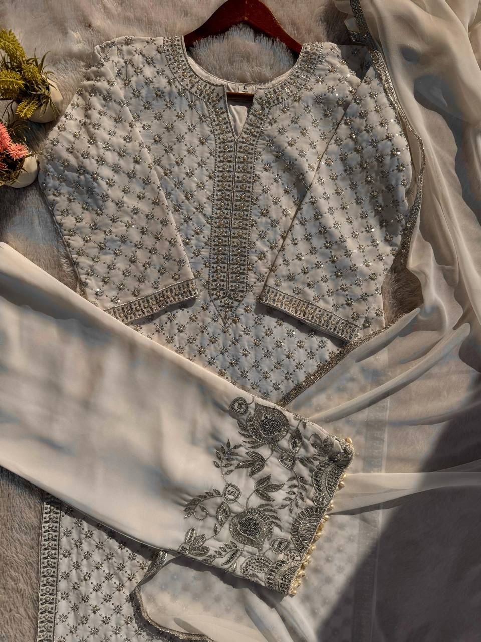 LG 1922 Cream Faux Georgette Salwar Suit with Mirror Work & Embroidery Work. Get it for ₹2399. Delivery 4-6 Working Days. Shop now. | Jump Suits, Straight Suits, Casual Suits, Creative suits, Designer Suits, Palazzo Suits, Party Wear Suits, Patiala Suits, Salwar suit