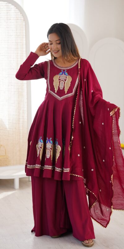 NSR 916 Maroon Roman Silk Salwar Suit with Sequins Work & Embroidery Work. Available at ₹2399 only. Delivery 4-6 Working Days. Shop now. | Jump Suits, Straight Suits, Casual Suits, Creative suits, Designer Suits, Palazzo Suits, Party Wear Suits, Patiala Suits, Salwar suit