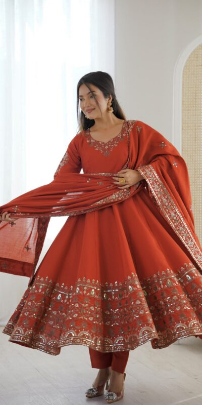 ZF 5016 Orange Roman Silk Gown with Embroidery Work. Wedding, Party, Festive, Events, Navratri, Exclusive Offer ₹2499. Delivery 4-6 Working Days. Shop now. | Bollywood Gowns, Creative Gowns, Designer Gowns, Embroidered Gowns, Gowns, Party Wear Gowns