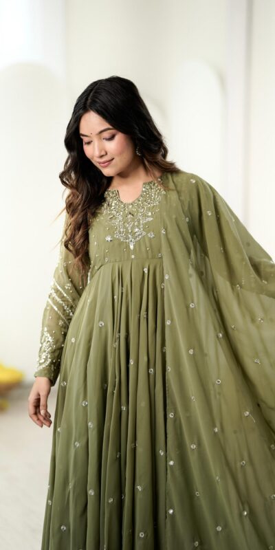 JF 056 Sage Green Faux Georgette Salwar Suit with Mirror Work & Embroidery Work. Get it for ₹2349. Delivery 4-6 Working Days. Shop now. | Jump Suits, Straight Suits, Casual Suits, Creative suits, Designer Suits, Palazzo Suits, Party Wear Suits, Patiala Suits, Salwar suit