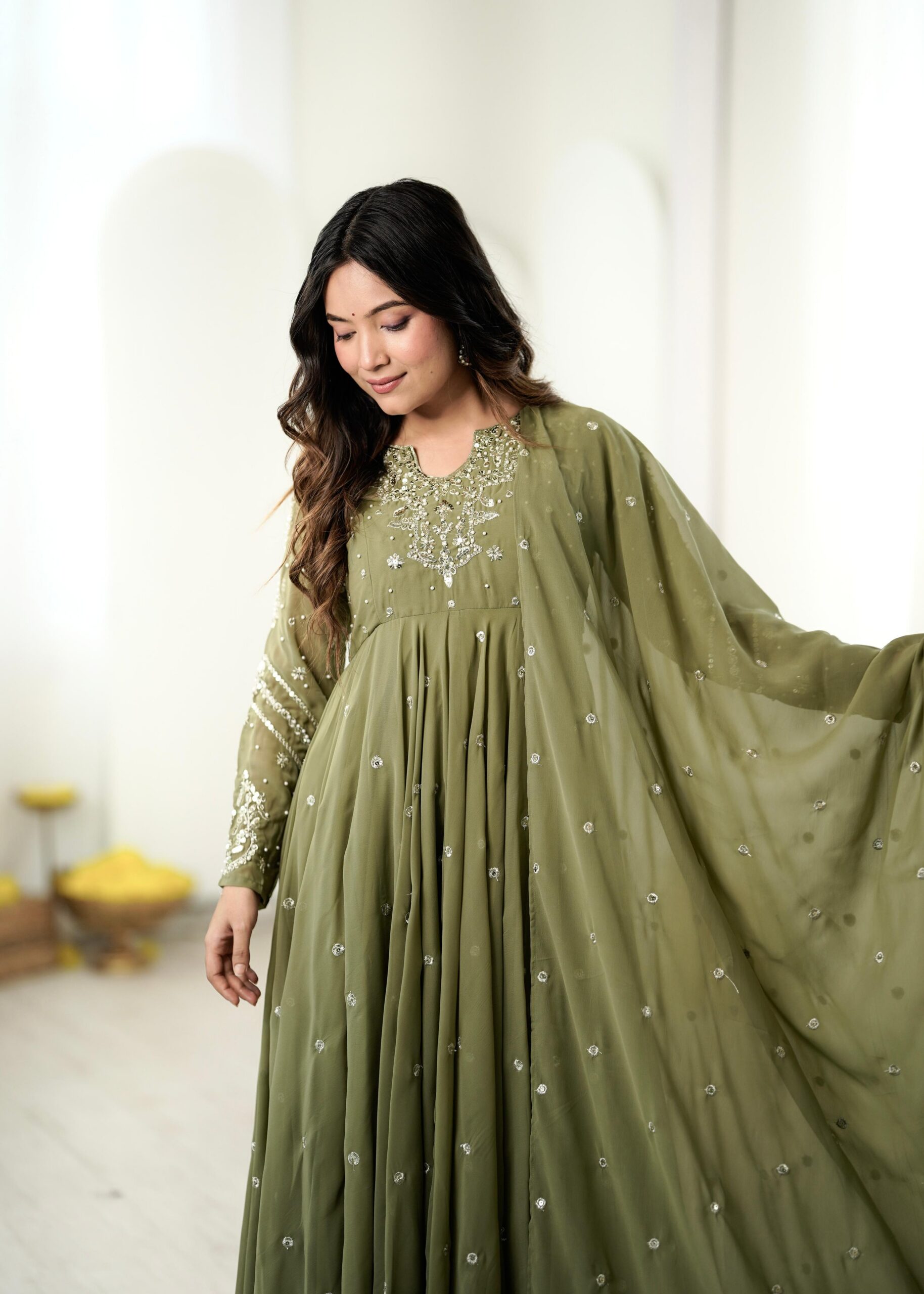 JF 056 Sage Green Faux Georgette Salwar Suit with Mirror Work & Embroidery Work. Get it for ₹2349. Delivery 4-6 Working Days. Shop now. | Jump Suits, Straight Suits, Casual Suits, Creative suits, Designer Suits, Palazzo Suits, Party Wear Suits, Patiala Suits, Salwar suit
