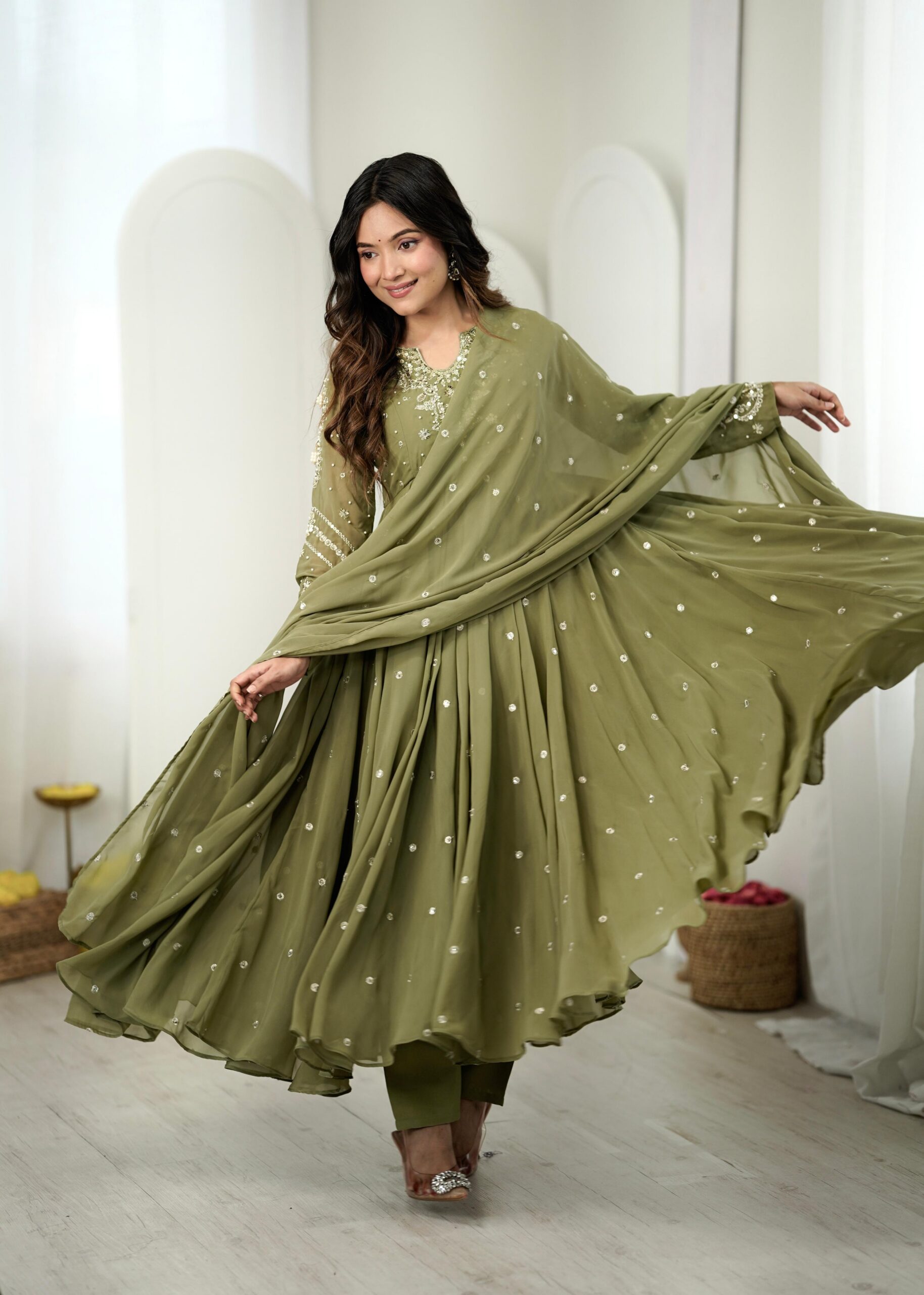 JF 056 Sage Green Faux Georgette Salwar Suit with Mirror Work & Embroidery Work. Get it for ₹2349. Delivery 4-6 Working Days. Shop now. | Jump Suits, Straight Suits, Casual Suits, Creative suits, Designer Suits, Palazzo Suits, Party Wear Suits, Patiala Suits, Salwar suit